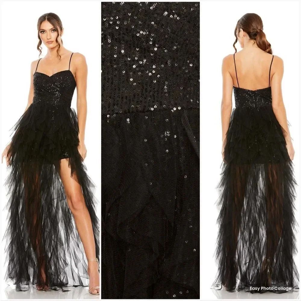 MAC DUGGAL 27119 Womens Sequin Mini with High Low Ruffle Tiered Train Dress Gown
